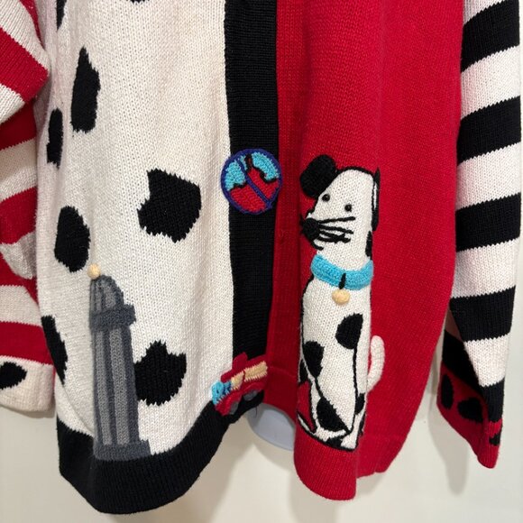 Storybook Knits 1X Dalmatian Fire Truck Hydrant 911 Cardigan Sweater Red Black - Picture 4 of 9